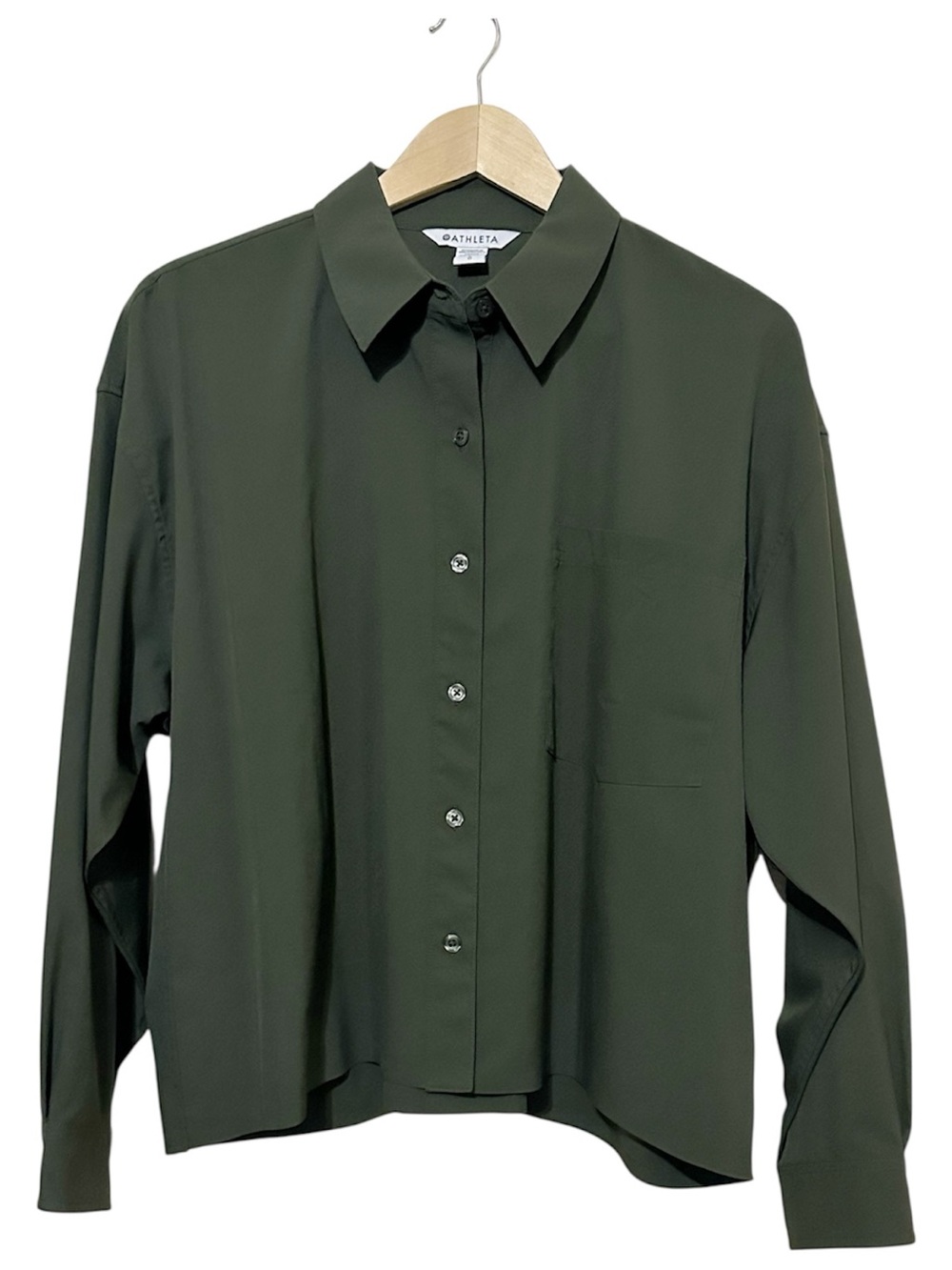 Athleta Cropped Stretch Tech Top Aspen Olive Green Button Down Shirt Large - Picture 2 of 5